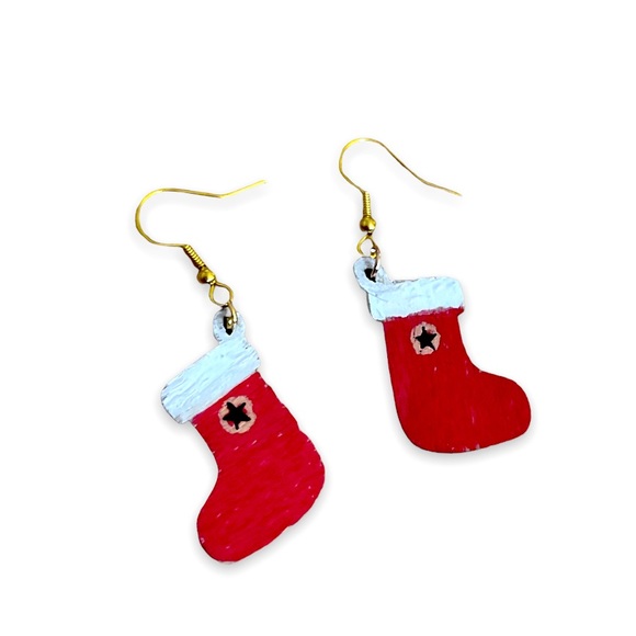 New Artisan Handmade Wooden Hand Painted 9k Gold Christmas Stocking Earrings - Picture 1 of 7